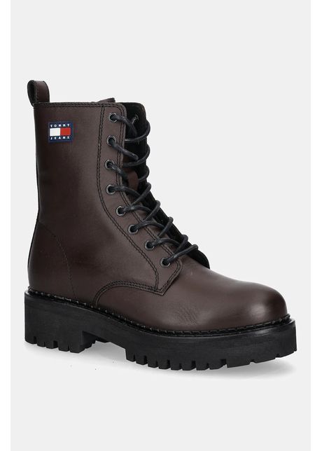Tommy Jeans bocanci de piele TJW URBAN LACE UP BOOT culoarea maro, cu toc plat, EN0EN02907