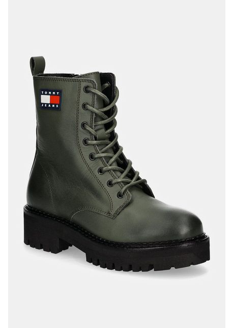 Tommy jeans bocanci de piele tjw urban lace up boot femei culoarea verde cu toc plat en0en02628