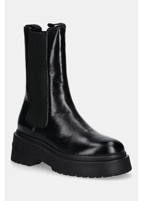 Tommy Jeans cizme de piele CHUNKY SHINY LEATHER CHELSEA culoarea negru, cu toc plat, EN0EN02888