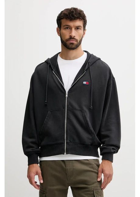 Tommy Jeans hanorac de bumbac culoarea gri, cu glugă, cu imprimeu, DM0DM22080