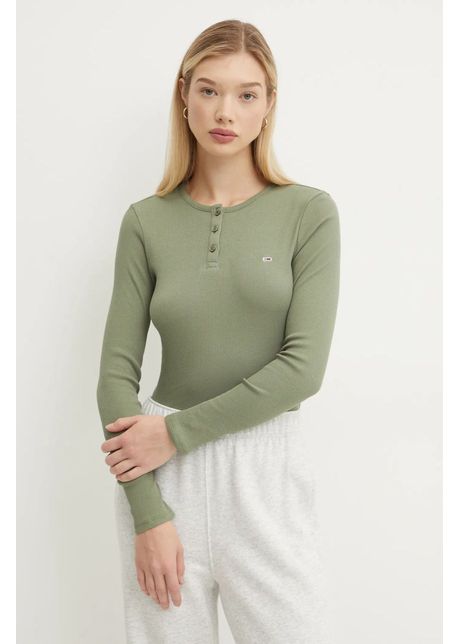 Tommy jeans longsleeve din bumbac culoarea verde dw0dw19501