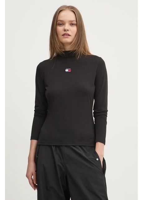 Tommy jeans longsleeve femei culoarea negru cu guler dw0dw18806