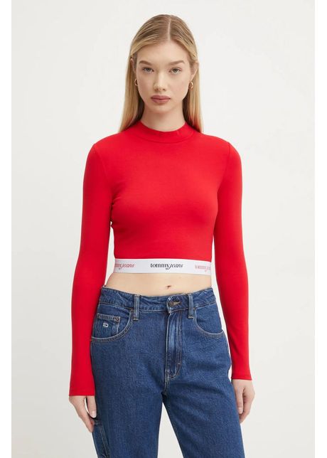 Tommy jeans longsleeve femei culoarea ro u cu turtleneck dw0dw19510