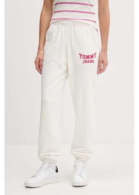 Tommy Jeans pantaloni de trening din bumbac culoarea bej, cu imprimeu, DW0DW22164