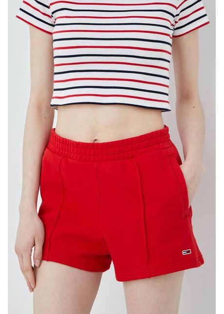 Tommy jeans pantaloni scurti din bumbac femei culoarea rosu neted high waist