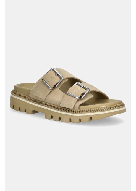 Tommy jeans papuci din piele double strap sandal suede femei culoarea bej cu platforma en0en02797