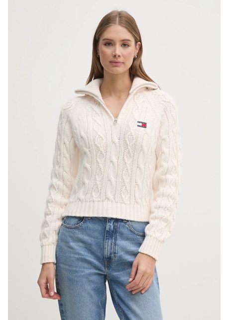 Tommy jeans pulover din amestec de l n femei culoarea bej cu guler dw0dw20269