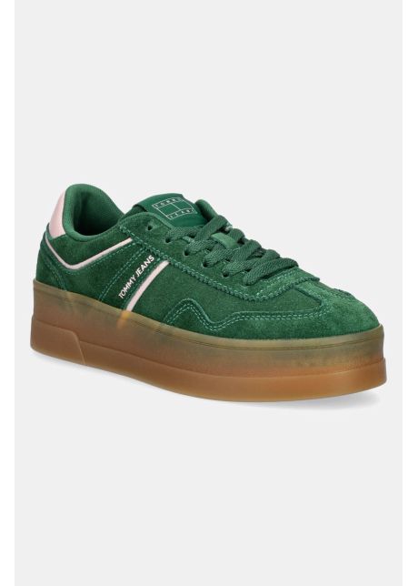 Tommy jeans sneakers din piele intoars the greenwich flatform suede culoarea verde en0en02734