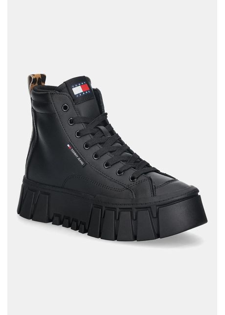Tommy Jeans sneakers din piele TJW VULC FLATFORM LEOPARD culoarea negru, EN0EN02858