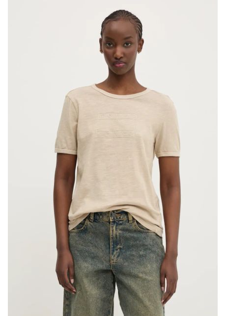 Tommy Jeans tricou din bumbac femei, culoarea bej, DW0DW20366